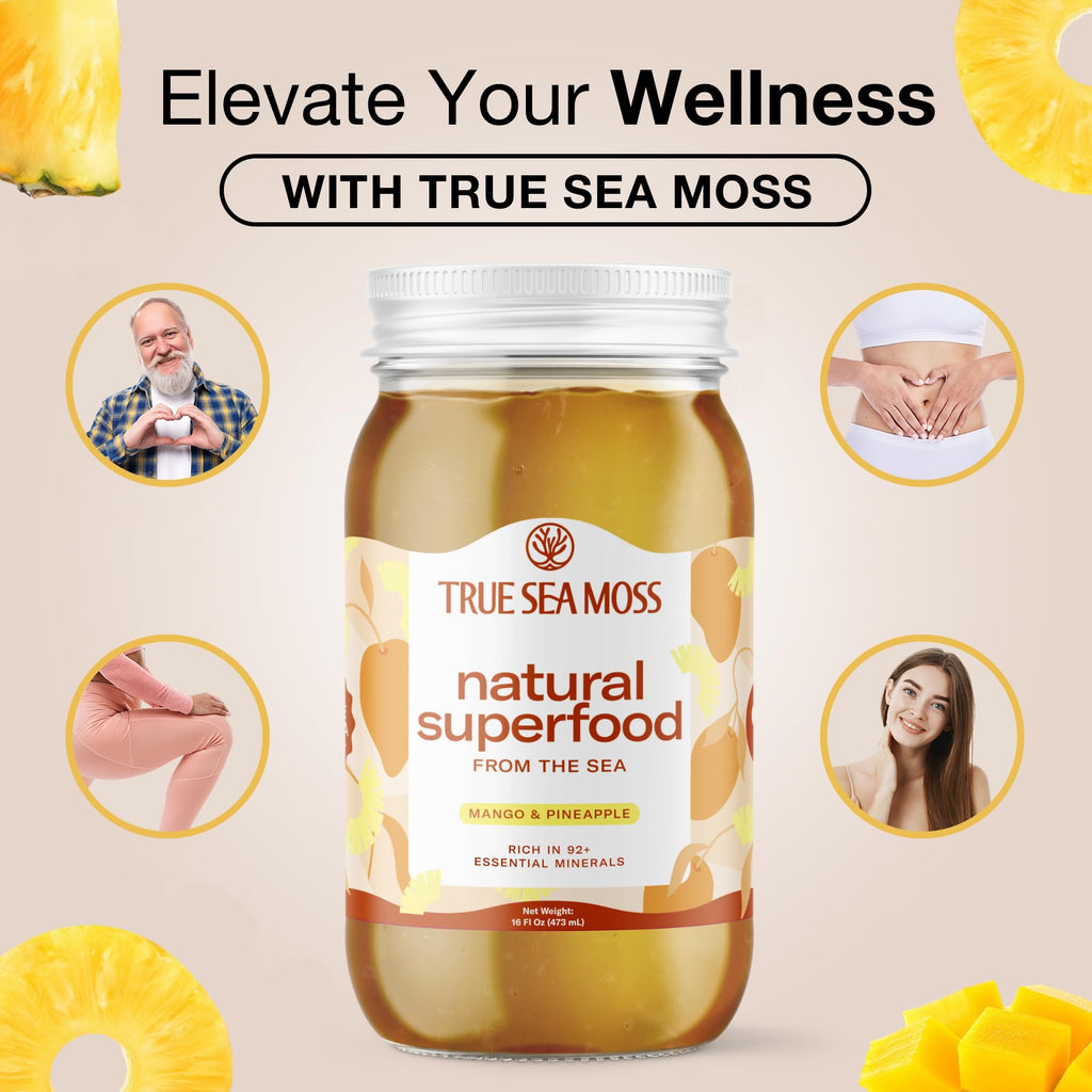 2 Pack TrueSeaMoss Wildcrafted Irish Sea Moss Gel - Made with Dried Seaweed & Fresh Sea Vegetables, Seamoss - Made in USA (Mango/Pineapple)