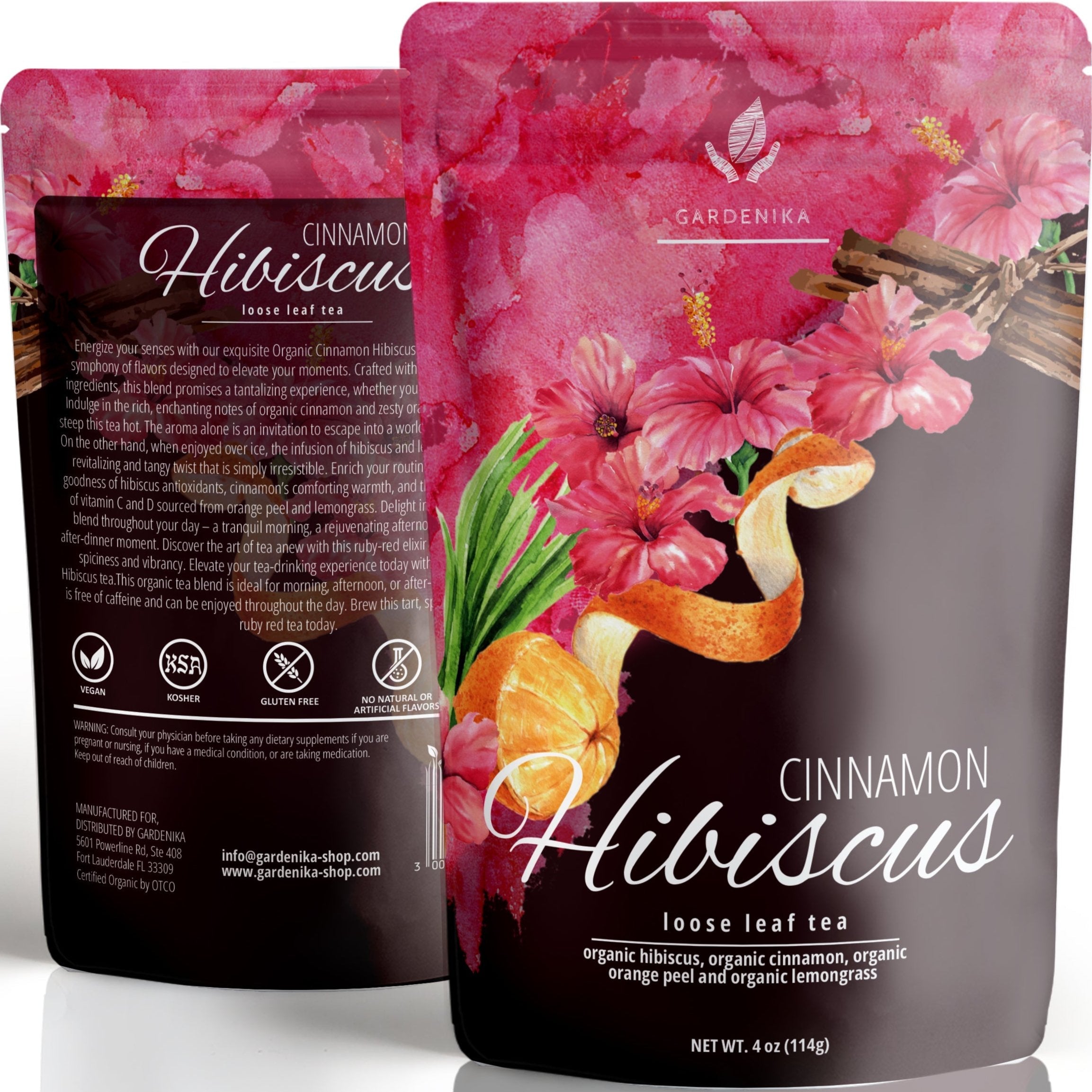 Cinnamon Hibiscus Loose Tea, Heart Health & Antioxidant Rich - /w Hibiscus & Cinnamon - Herbal & Caffeine Free - Organic & Kosher