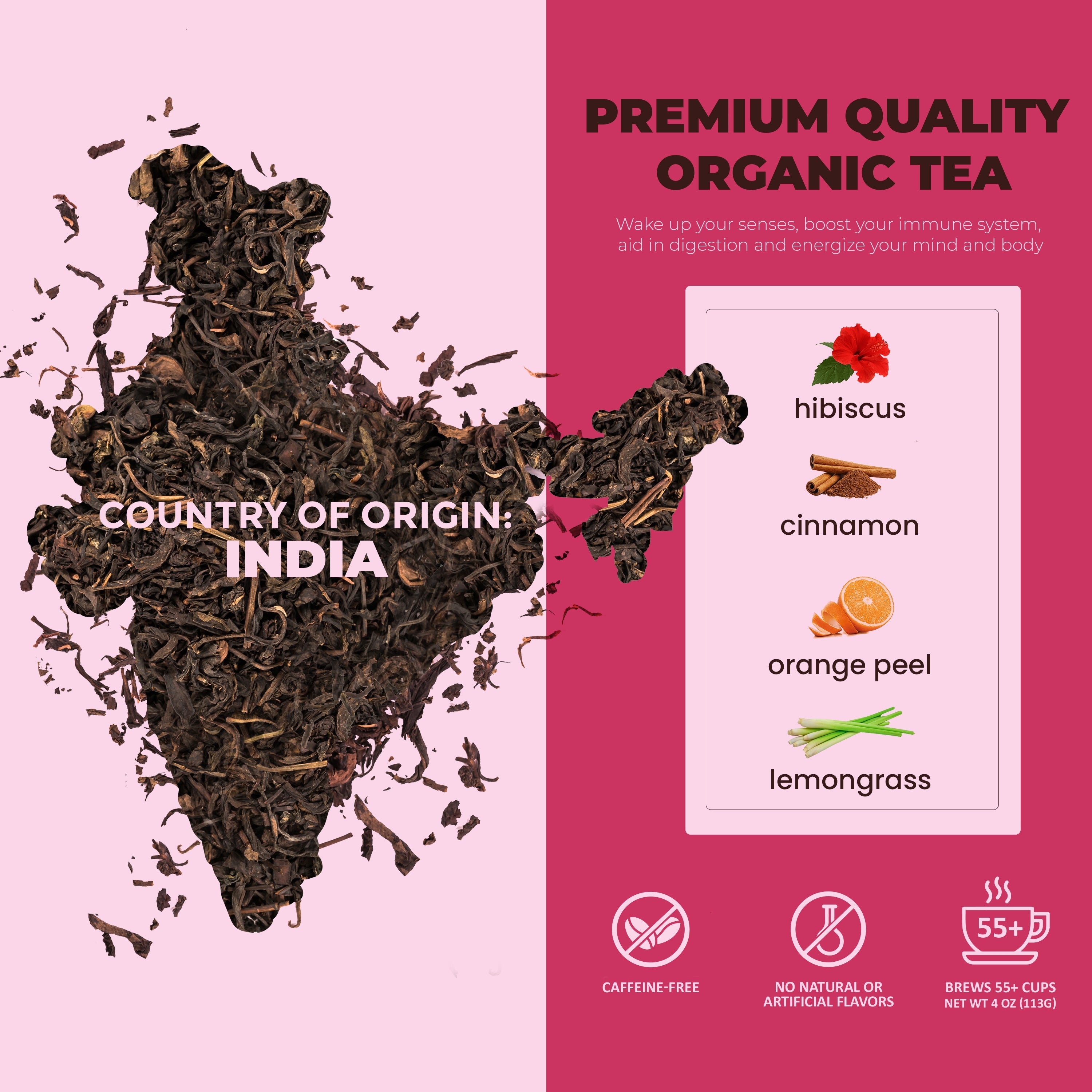 Cinnamon Hibiscus Loose Tea, Heart Health & Antioxidant Rich - /w Hibiscus & Cinnamon - Herbal & Caffeine Free - Organic & Kosher
